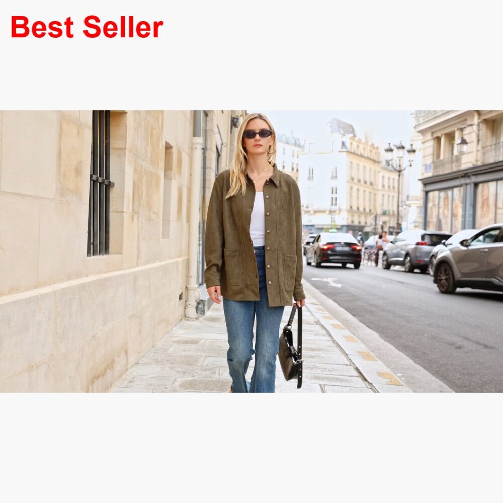 Faux Suede Jacket Long Sleeve Button Down Relaxed Fit Trench Coat - Picture 7 of 7